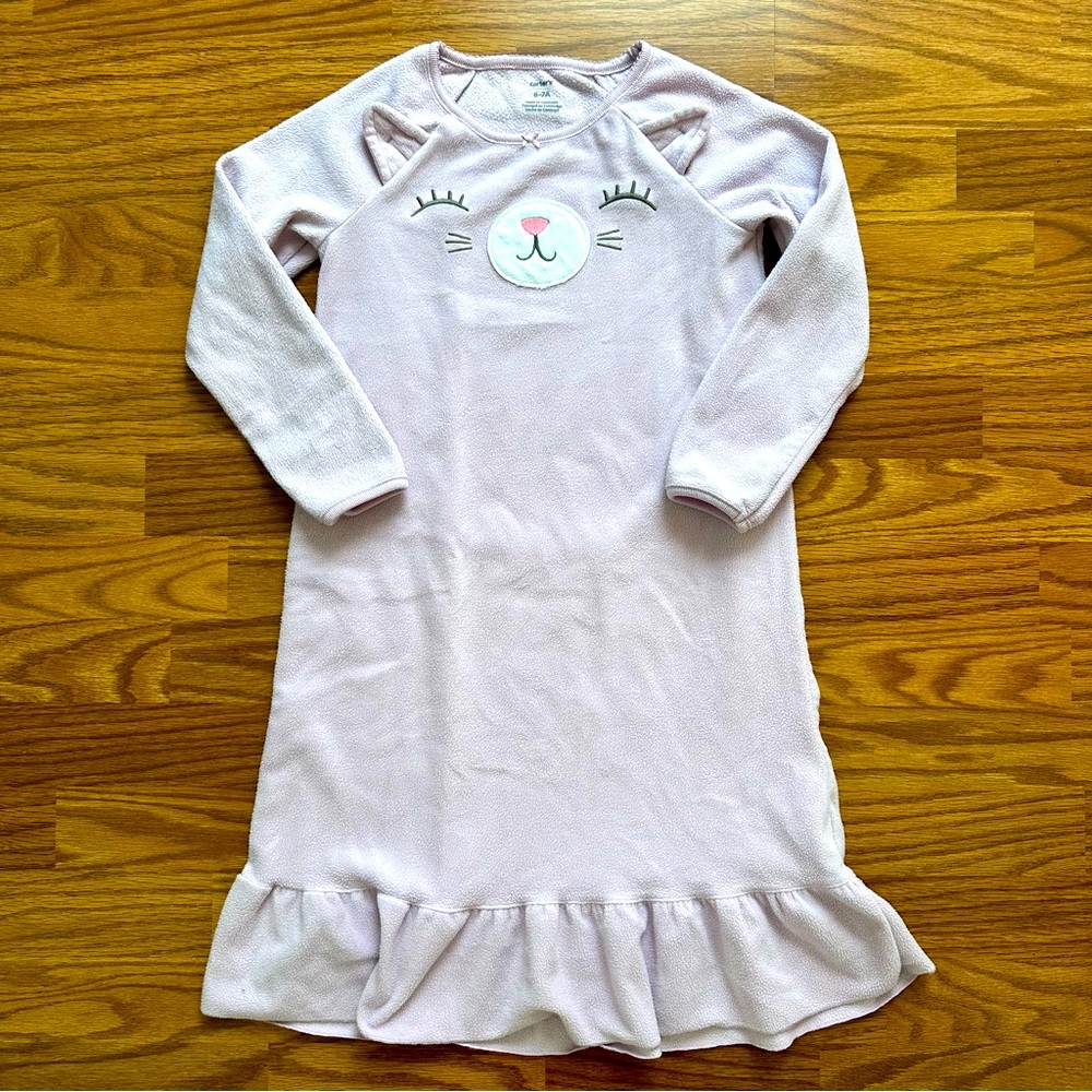 Carter’s Girls Size 6-7A Long Sleeve Nightgown Fleece Lavender Kitty Ears EUC!